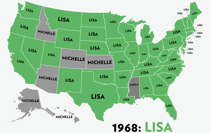 Illustration for article titled Map: Six Decades of the Most Popular Names for Girls, State-by-State